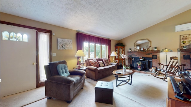 230 Unionville Ave, Plainville, CT 06062 - carpeted living area with a fireplace, a textured ceiling, vaulted ceiling, and a wall mounted air conditioner