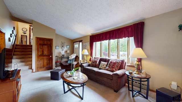 230 Unionville Ave, Plainville, CT 06062 - carpeted living area with a textured ceiling, stairway, and lofted ceiling