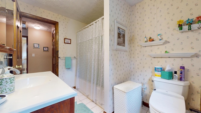 230 Unionville Ave, Plainville, CT 06062 - full bath featuring toilet, a textured ceiling, vanity, tile patterned flooring, and wallpapered walls