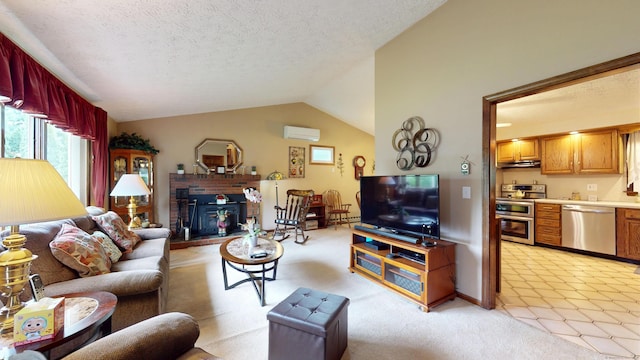 230 Unionville Ave, Plainville, CT 06062 - living area with a brick fireplace, lofted ceiling, a wall unit AC, and light colored carpet