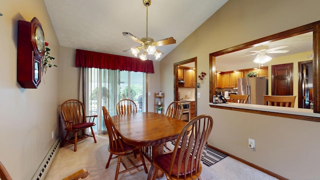 230 Unionville Ave, Plainville, CT 06062 - dining area with ceiling fan, a baseboard radiator, light colored carpet, vaulted ceiling, and baseboards