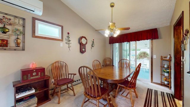 230 Unionville Ave, Plainville, CT 06062 - dining space with an AC wall unit, lofted ceiling, a ceiling fan, baseboard heating, and light colored carpet