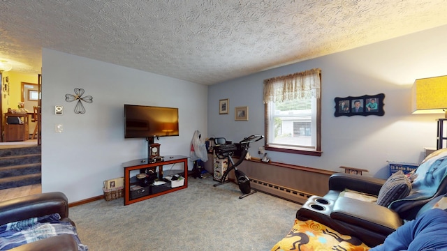 230 Unionville Ave, Plainville, CT 06062 - carpeted living room featuring a textured ceiling, a baseboard heating unit, and stairway