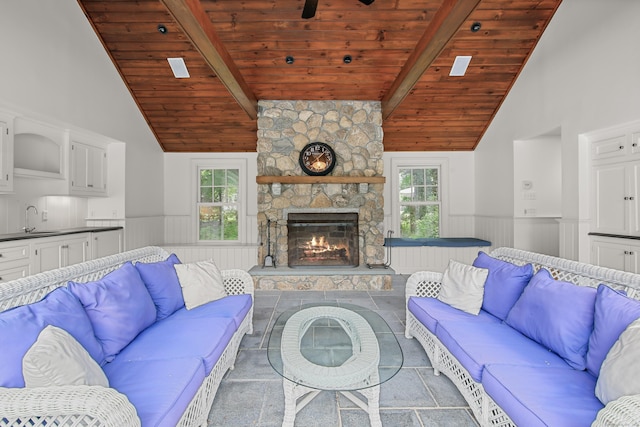 living area with wood ceiling, wainscoting, and a fireplace