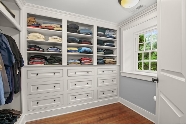 spacious closet featuring dark wood finished floors and visible vents