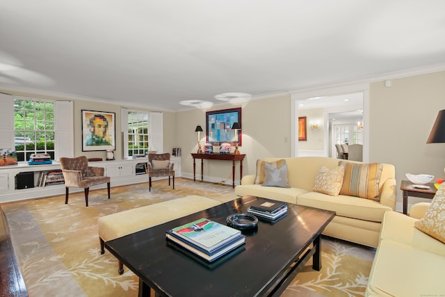 living area featuring ornamental molding, a healthy amount of sunlight, and baseboards