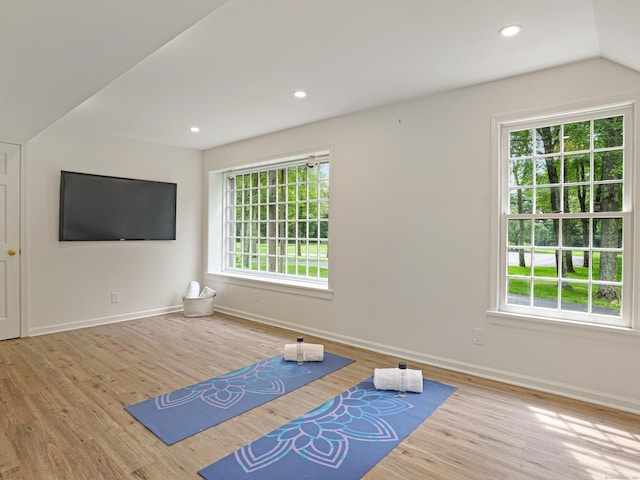 workout room with lofted ceiling and hardwood / wood-style flooring