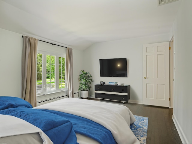 bedroom with dark hardwood / wood-style floors, lofted ceiling, and a baseboard heating unit