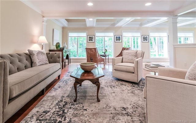12 W Mountain Rd, Sharon, CT 06069 - living area with recessed lighting, beam ceiling, crown molding, and wood finished floors
