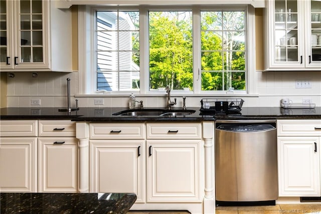 12 W Mountain Rd, Sharon, CT 06069 - kitchen with dishwasher, tasteful backsplash, dark stone counters, and a sink