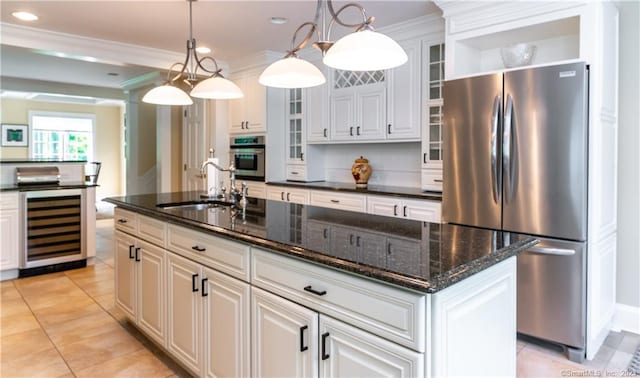 12 W Mountain Rd, Sharon, CT 06069 - kitchen with stainless steel appliances, wine cooler, a sink, and ornamental molding