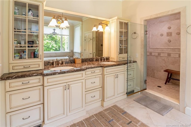 12 W Mountain Rd, Sharon, CT 06069 - bathroom with a chandelier, tiled shower, a sink, and a bath