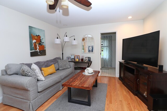 living room featuring ceiling fan and light wood-type flooring