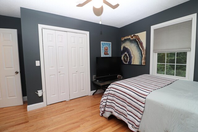 bedroom with ceiling fan, a closet, and light hardwood / wood-style floors