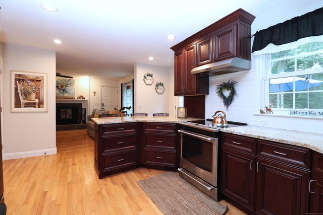 kitchen featuring light wood-type flooring, stainless steel electric range, light stone counters, and tasteful backsplash