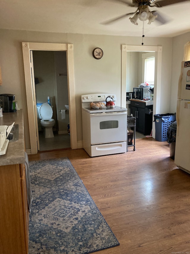 kitchen featuring hardwood / wood-style flooring, white appliances, and ceiling fan