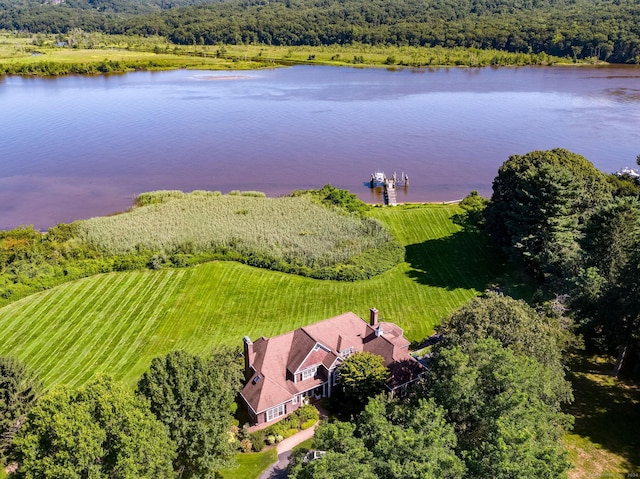 aerial view featuring a water view and a rural view