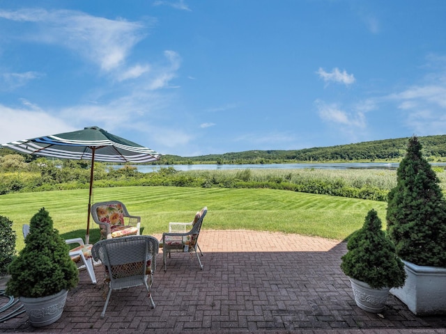 view of patio / terrace featuring a water view