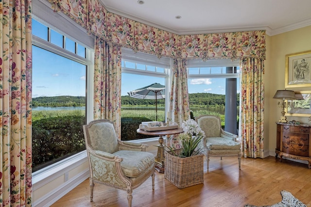 323 River Rd, Deep River, CT 06417 - living area with crown molding, plenty of natural light, wood finished floors, and a water view