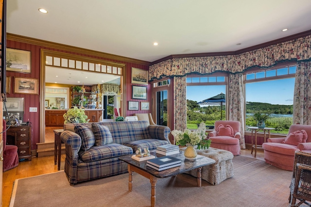 323 River Rd, Deep River, CT 06417 - living room with crown molding, recessed lighting, light wood-type flooring, and a wealth of natural light