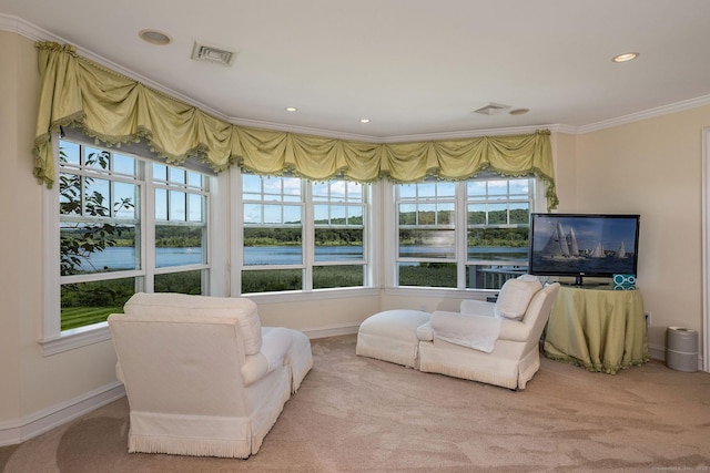323 River Rd, Deep River, CT 06417 - sunroom featuring visible vents, carpet, plenty of natural light, and crown molding