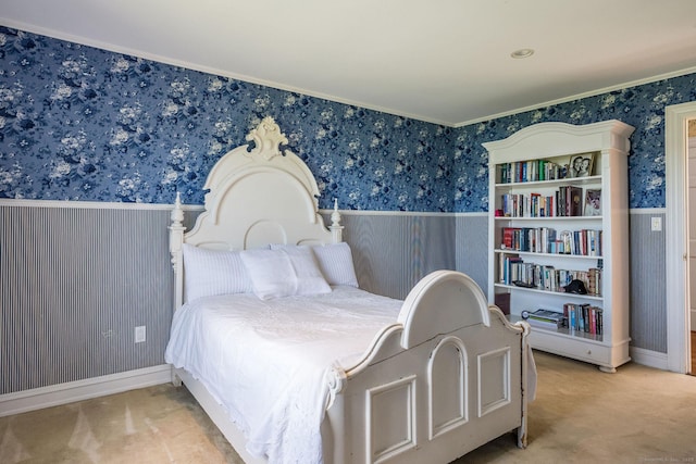 323 River Rd, Deep River, CT 06417 - carpeted bedroom featuring crown molding, a wainscoted wall, and wallpapered walls
