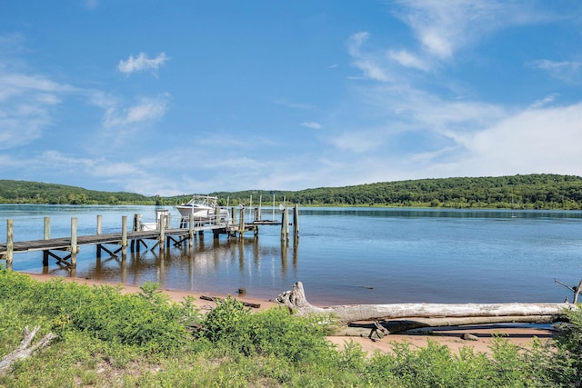 323 River Rd, Deep River, CT 06417 - view of dock featuring boat lift, a water view, and a forest view