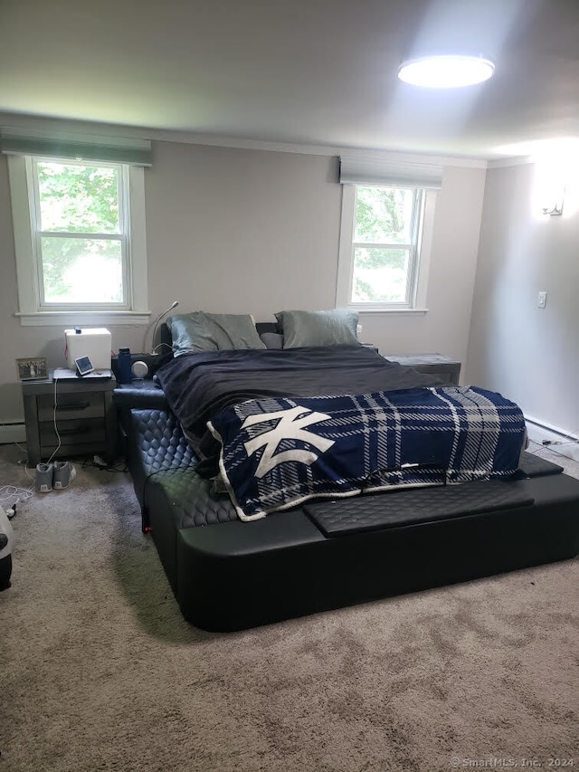 carpeted bedroom featuring baseboard heating