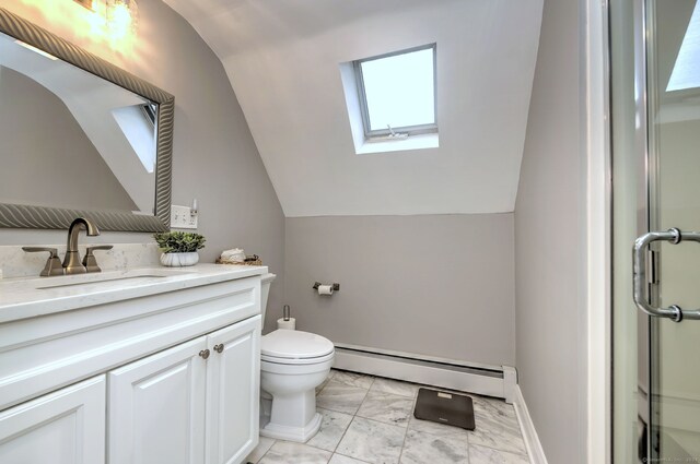 bathroom featuring lofted ceiling with skylight, a baseboard radiator, toilet, vanity, and tile patterned flooring