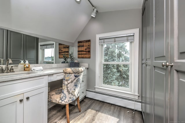 bathroom featuring lofted ceiling, brick wall, vanity, track lighting, and wood-type flooring