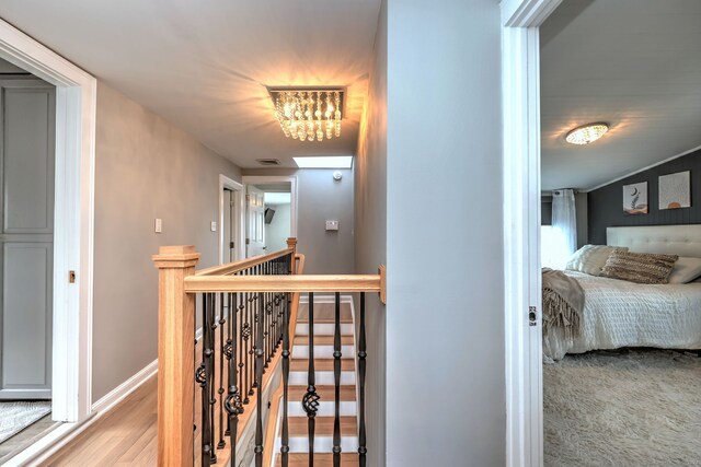 hall featuring a notable chandelier and wood-type flooring