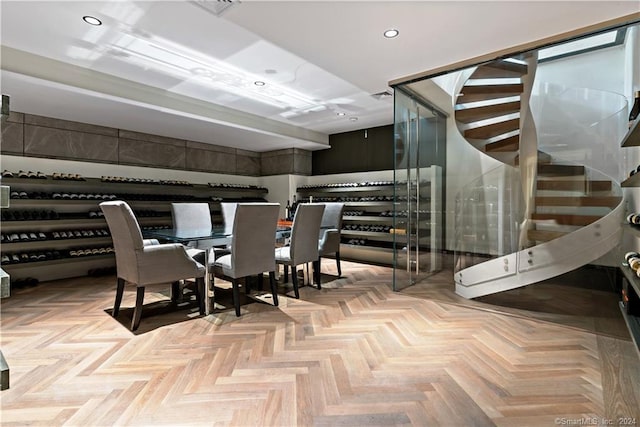 dining area featuring light parquet flooring