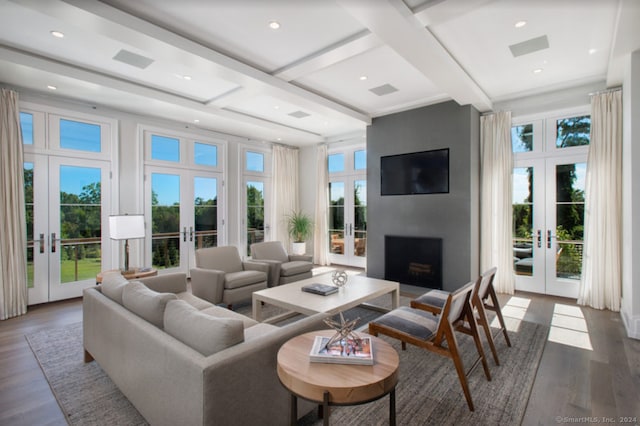 living room featuring wood-type flooring, plenty of natural light, and french doors