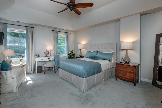 bedroom featuring ceiling fan, carpet, and visible vents