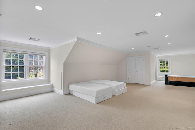 unfurnished bedroom with lofted ceiling, light colored carpet, and ornamental molding