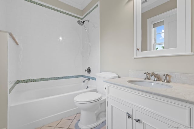 full bathroom with crown molding, toilet, tile patterned flooring, bathtub / shower combination, and vanity