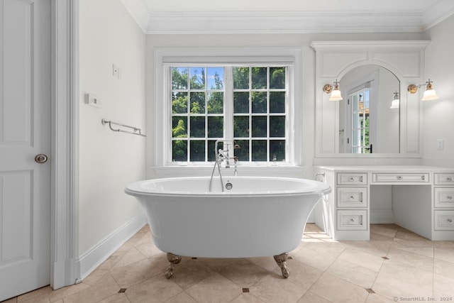 bathroom with tile patterned floors, vanity, and ornamental molding