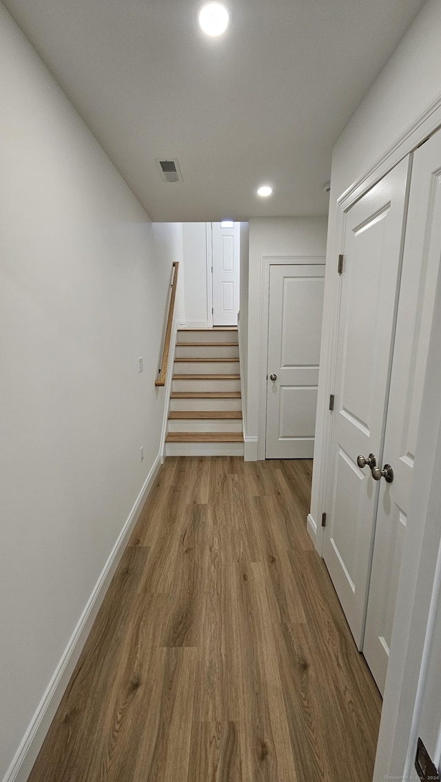 18 Summer Brook Way, Seymour, CT 06483 - hall with wood finished floors, stairs, baseboards, and recessed lighting