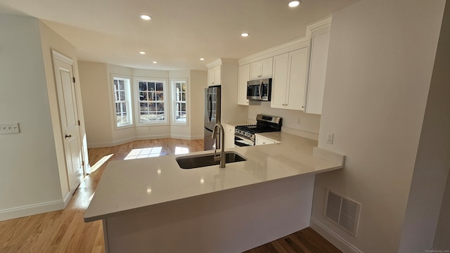 kitchen with stainless steel appliances, light hardwood / wood-style floors, sink, and kitchen peninsula