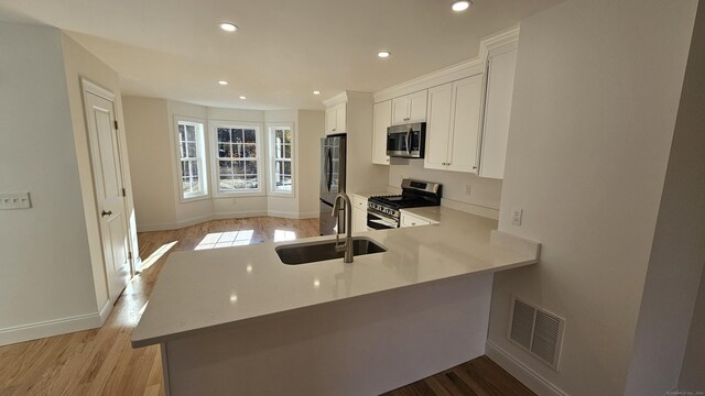 18 Summer Brook Way, Seymour, CT 06483 - kitchen featuring stainless steel appliances, light wood-style floors, a sink, a peninsula, and recessed lighting