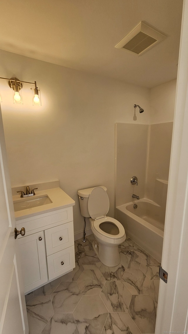 full bathroom with toilet, vanity, and shower / bathing tub combination