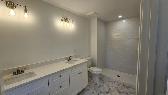 18 Summer Brook Way, Seymour, CT 06483 - full bathroom featuring marble finish flooring, toilet, double vanity, recessed lighting, and tiled shower