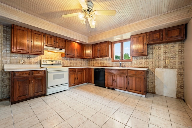 kitchen featuring dishwasher, ceiling fan, electric range, and light tile patterned floors