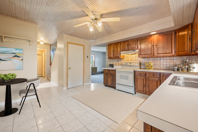 kitchen with sink, backsplash, white electric range oven, light tile patterned floors, and ceiling fan