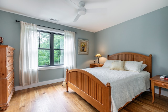 bedroom with light hardwood / wood-style floors and ceiling fan