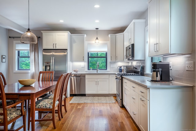 kitchen featuring stainless steel appliances, a wealth of natural light, and hanging light fixtures