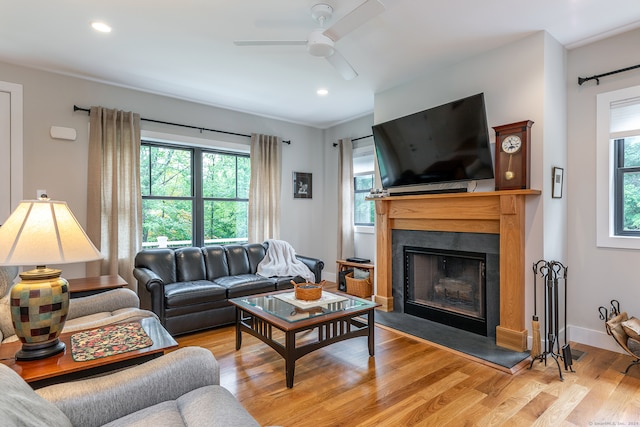 living room with hardwood / wood-style floors, ceiling fan, and a wealth of natural light