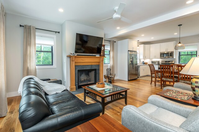 living room featuring ceiling fan and light hardwood / wood-style floors