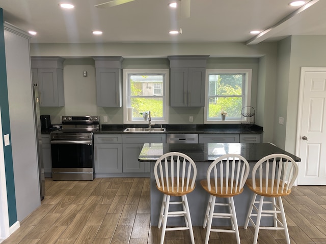 kitchen featuring hardwood / wood-style floors, dark stone countertops, gray cabinets, stainless steel appliances, and sink