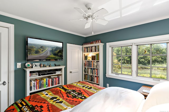 bedroom with ceiling fan, multiple windows, and ornamental molding